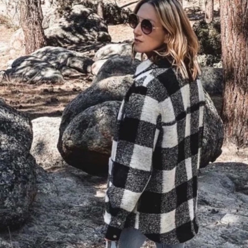 Boyfriend Fit Plaid Jacket Coat Black White - Picture 5 of 16